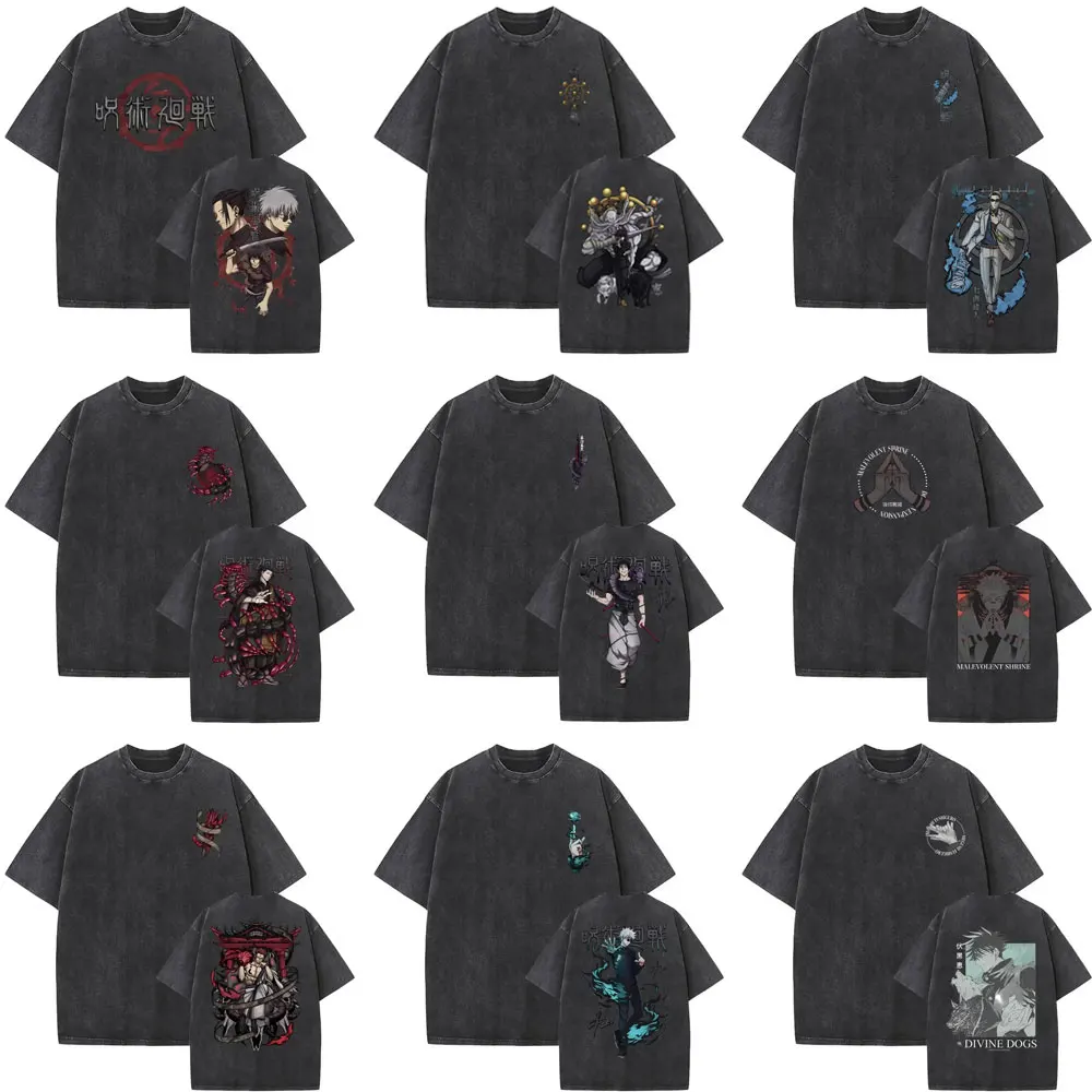

Japanese Anime Jujutsu Kaisen Print Washed T-shirt Men Women Manga Vintage Short Sleeve T-shirts Men's Fashion Oversized T Shirt