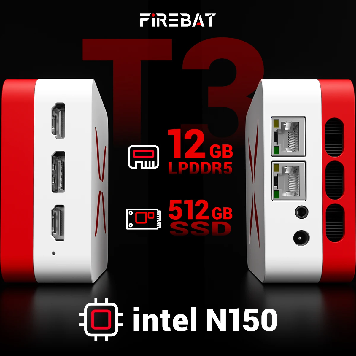 Firebat T3 كمبيوتر صغير Intel N150 حجم صغير Windows 11 pro 12GB LPDDR5 RAM 512GB PCIe SSD WiFi 5 BT4.2 Dual RJ45 شاشة ثلاثية