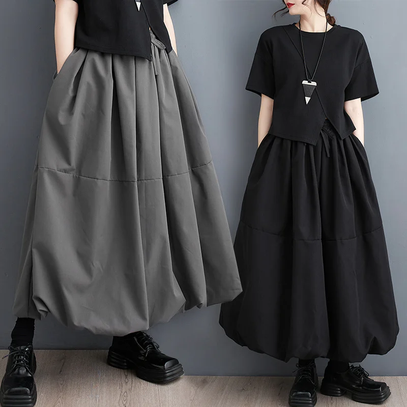 #3001 Spring Summer Black Grey High Waisted A-line Skirt Women Pleated Gothic Skirt Female Loose Vintage Drawstring Midi Skirts