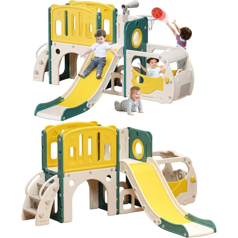 

Toddler Slide Kids Slide Playset for Babies Bus Themed Toddler Playground with Climber Baskteball Hoop Indoor Playground Outdoor