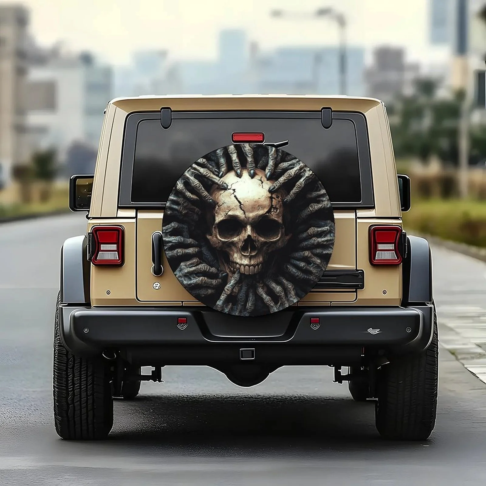 Single Piece Tire Cover Featuring A Skull And Hands Design, Stylish Universal Fit For Wheel Protection, Compatible With Most Car