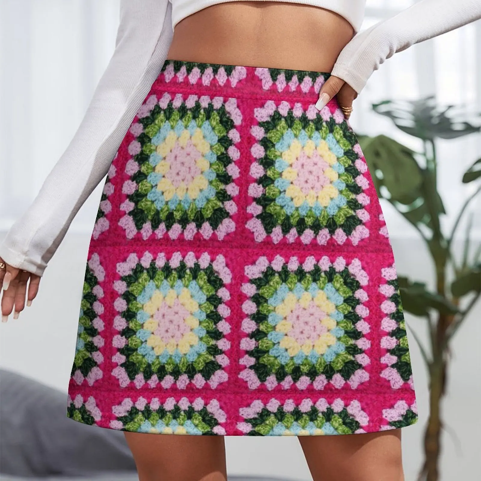Crochet Granny Square Rainbow Mini Skirt 90s aesthetic women's clothing trend 2025 Mini Skirt