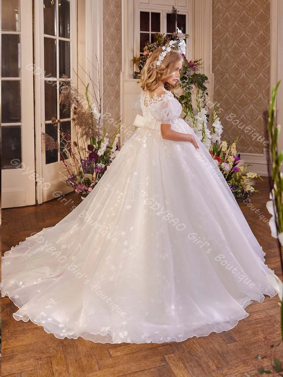 

White First Communion Dress Lace Beaded Sheer Neck Puff Sleeve Mini Bridal Wedding Dress for Flower Girls Customized Ball Gown