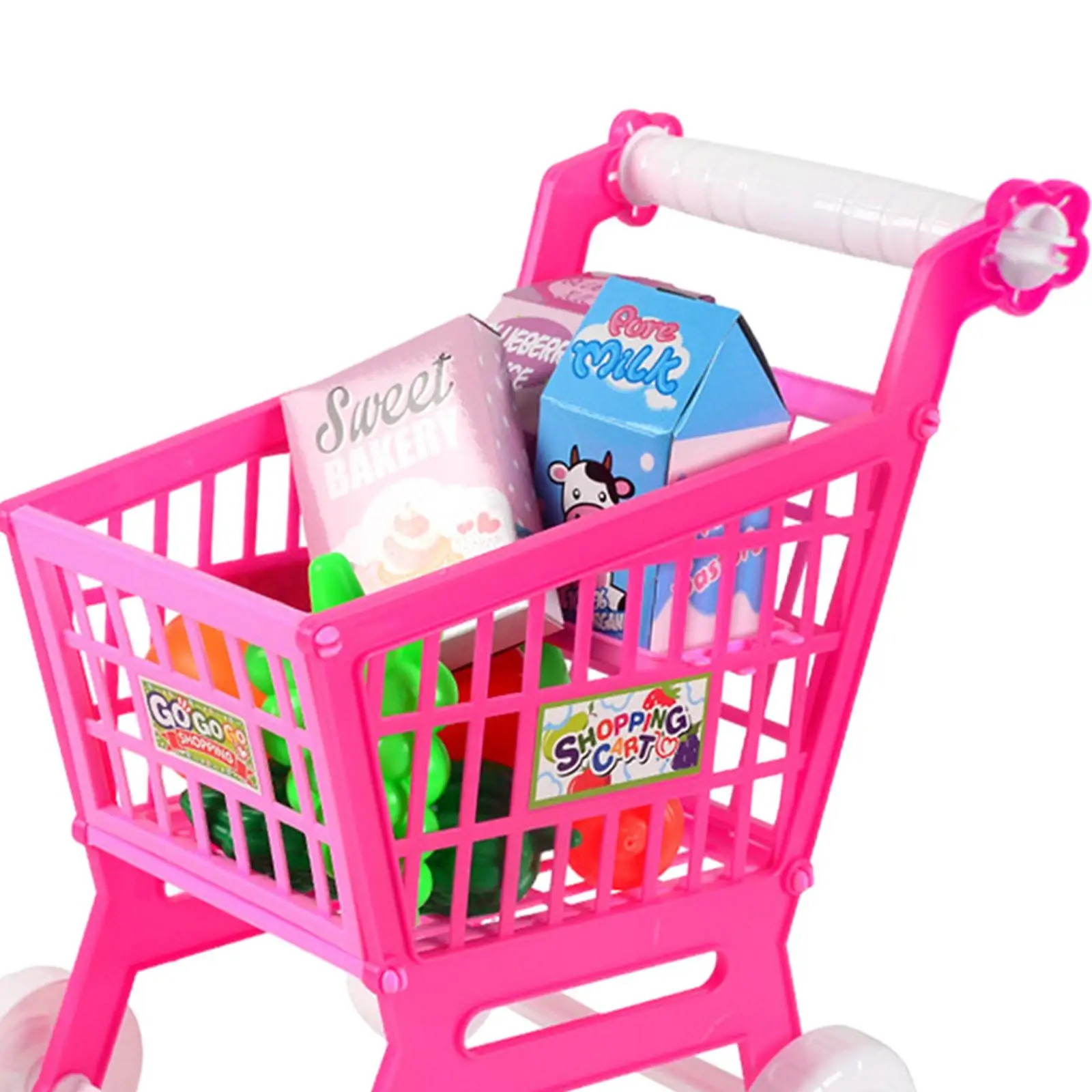 Kids Shopping Cart Pretend Play Set with 8 Random Food Accessories DIY Assembly Trolley Toy for Learning Shopping Skills Boys