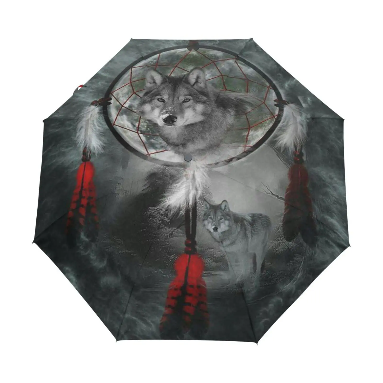 Wolf Dreamcatcher Travel Umbrella for Rain Sun Gothic Animal Compact Folding Umbrella Portable Windproof Umbrellas for Teens