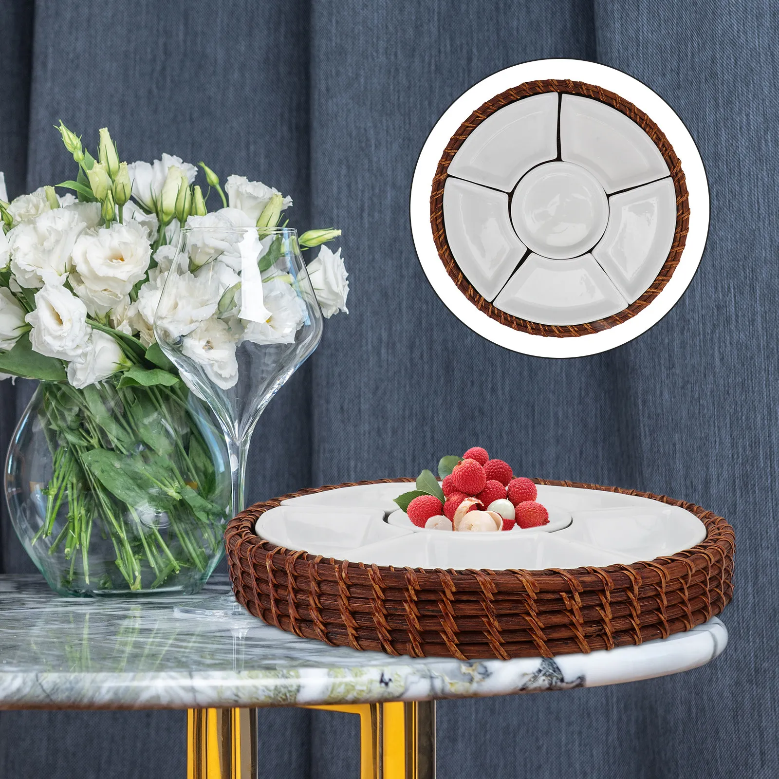 

Набор: плетеный поднос из ротанга с керамической тарелкой для закусок, фруктов, сушеных продуктов, кухонная утварь для дома