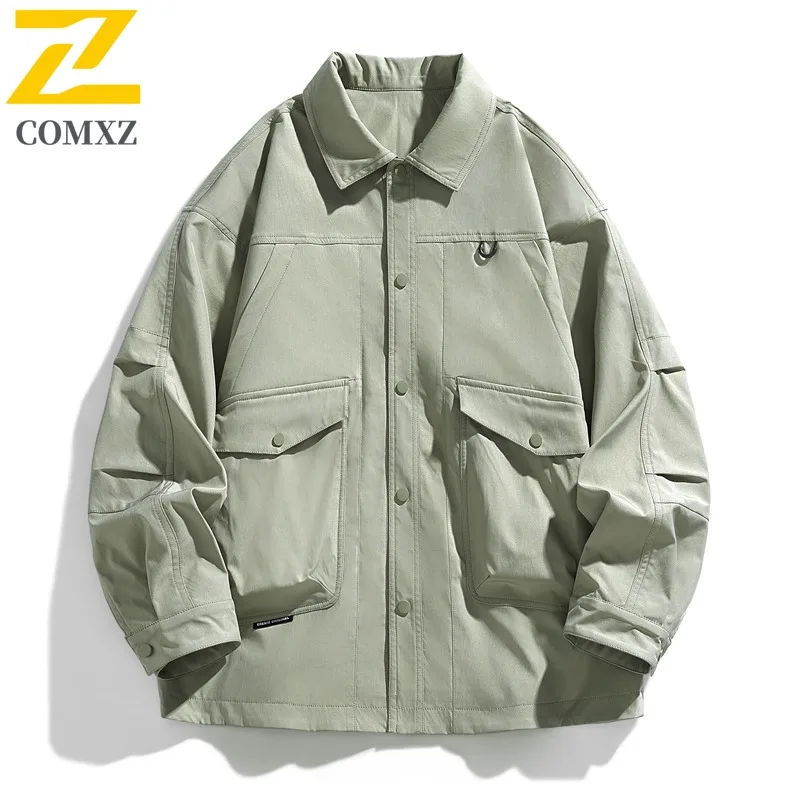 

COMXZ 2024 Mens Turn Down Collar Workwear Jacket Spring Autumn Casual American Style Plus Size Versatile Shirt Coat