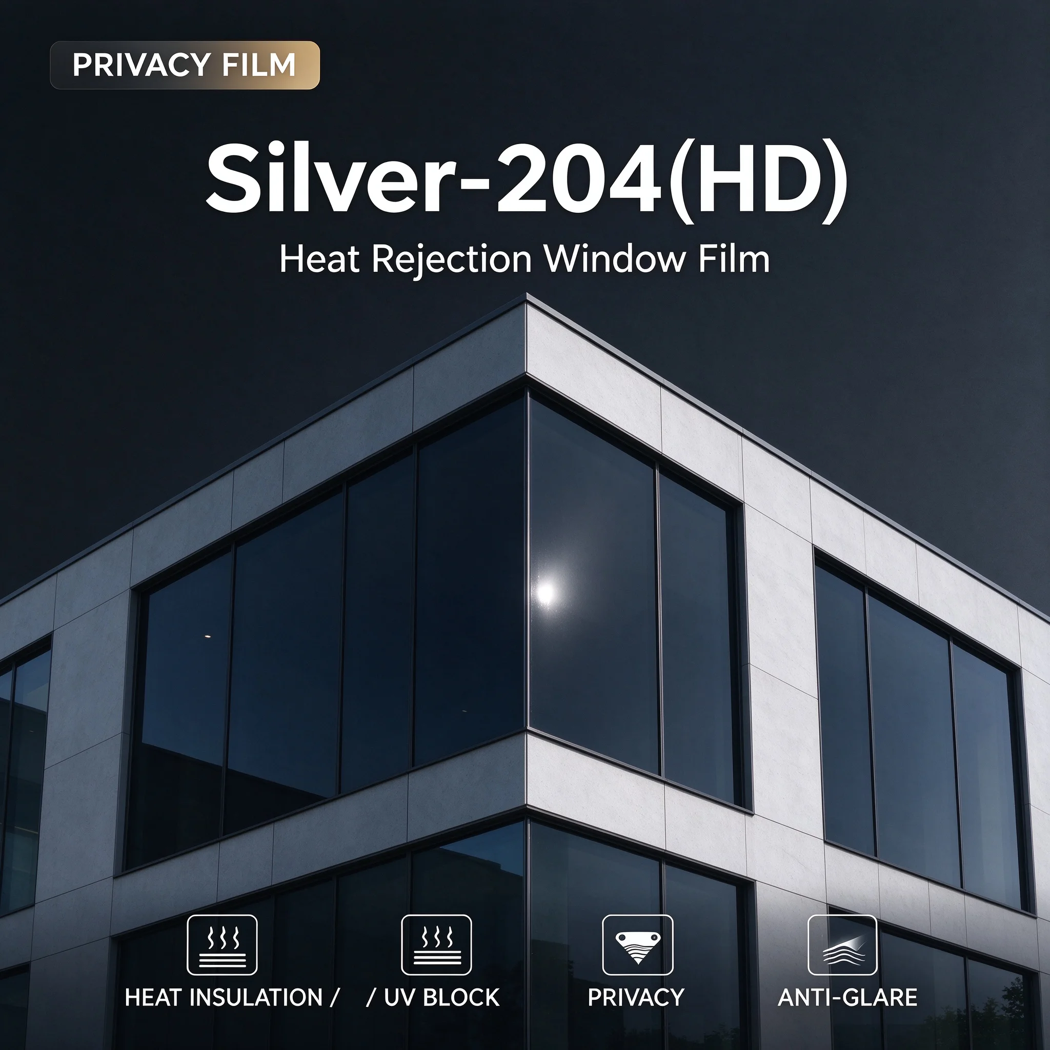 Silver-204 One Way Privacy PET Window Film Roll Heat Insulation Anti Glare Block UV Light Easy DIY Install Indoor Glass