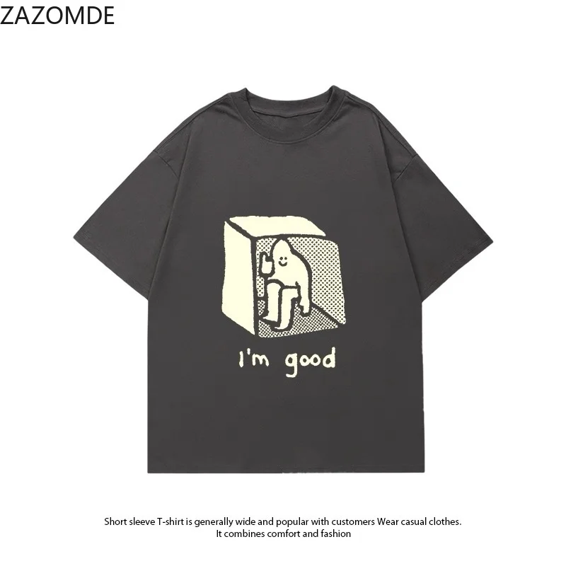 ZAZOMDE Minimalist Hand Drawn Box Figure I'm Good  Print T Shirt Unisex Loose Short Sleeve Cotton Basic Casual Aesthetic Top