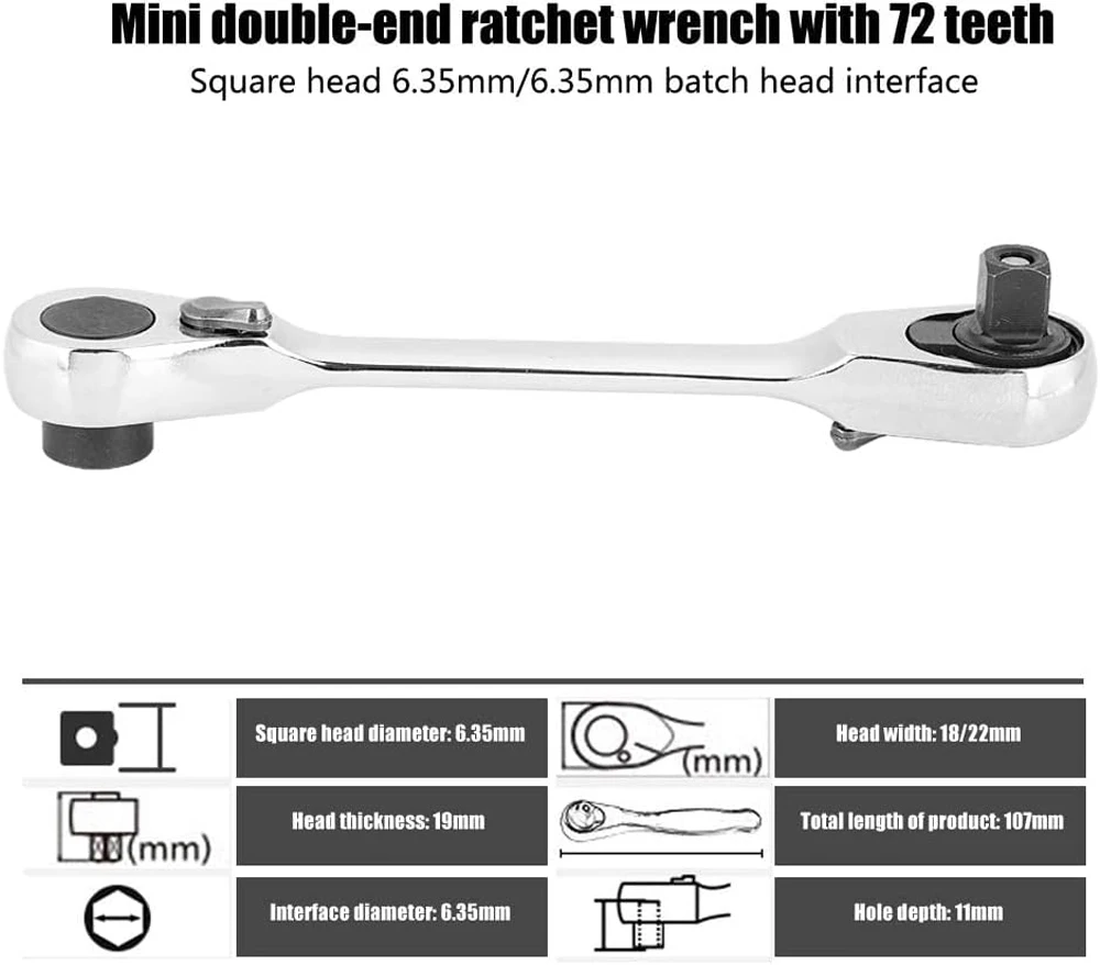 2 in 1 Socket Ratchet Wrench Mini Double Head One Quarter Batch Head Screwdriver Handle 72 Teeth Fast Small Wrench