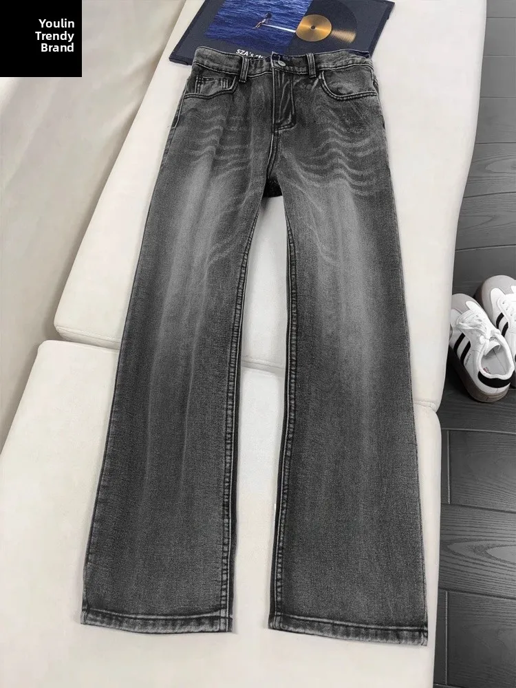 

Bla Lightning Pattern Flared Jeans Men's High Street Sle Straight Leg Knife Trousers Slimming Effect for Tall Guys