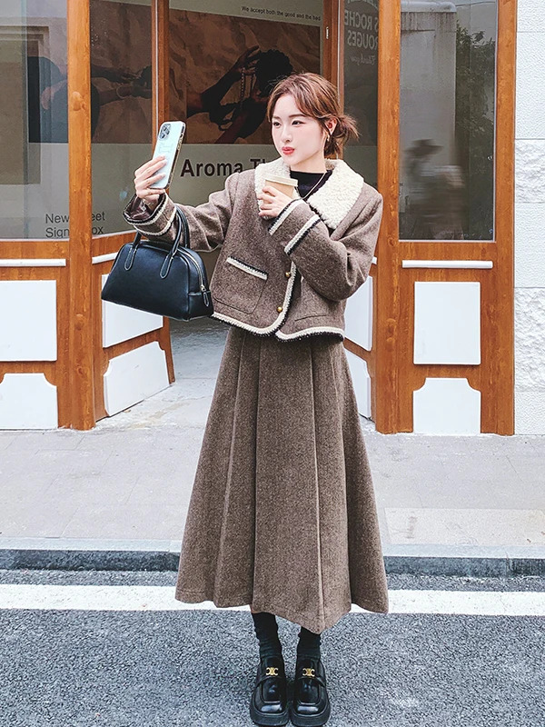 

Retro Cotton Lined Thiened Woolen Coat And f Skirt Set Women's Autumn Winter Faion Two-Piece Set Warm Casual Sle