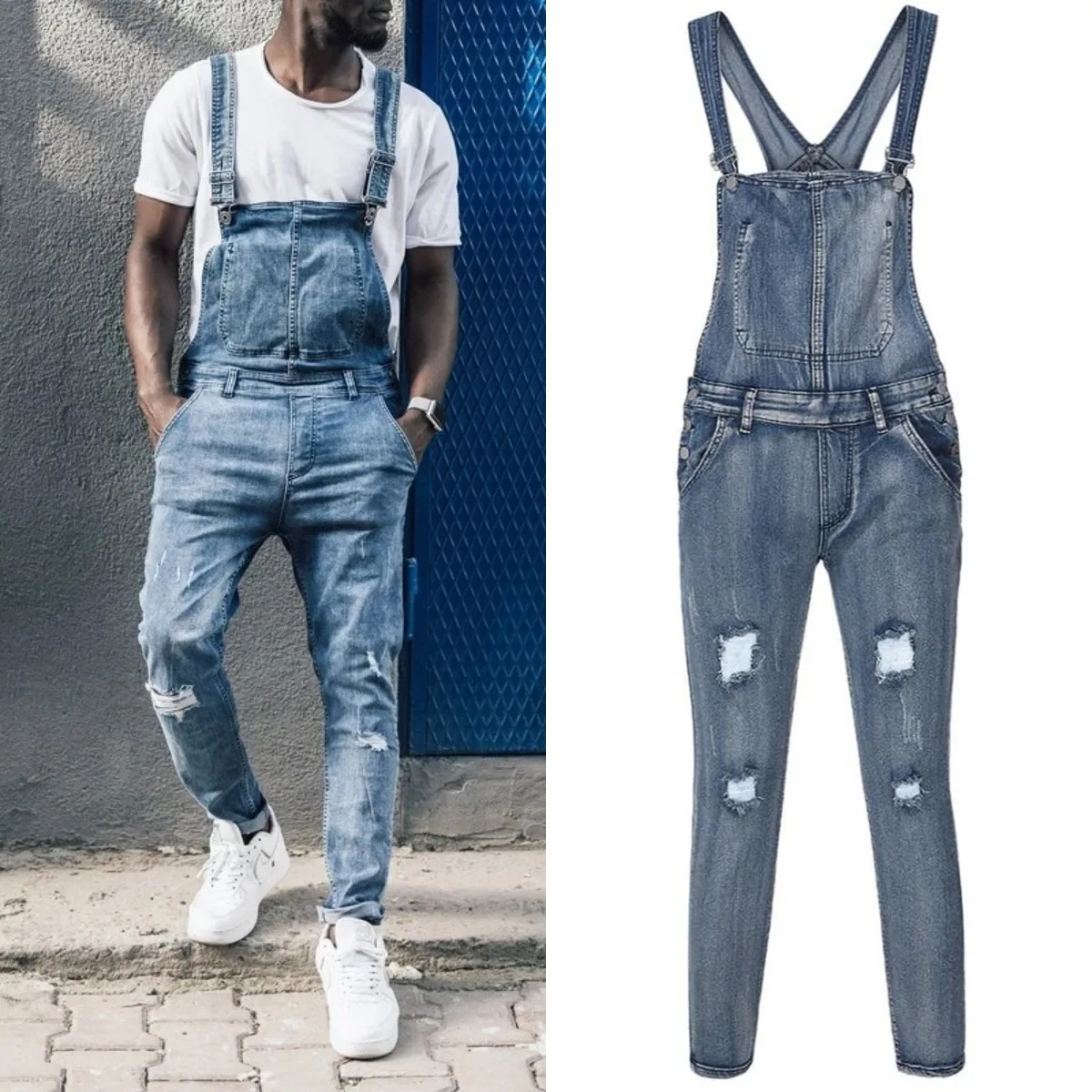 

Pencil Jean Denim Overalls Men Jumpsuits Ankle Length Ripped Holes Distressed Skinny Spliced Pockets Casual High Waist 2025