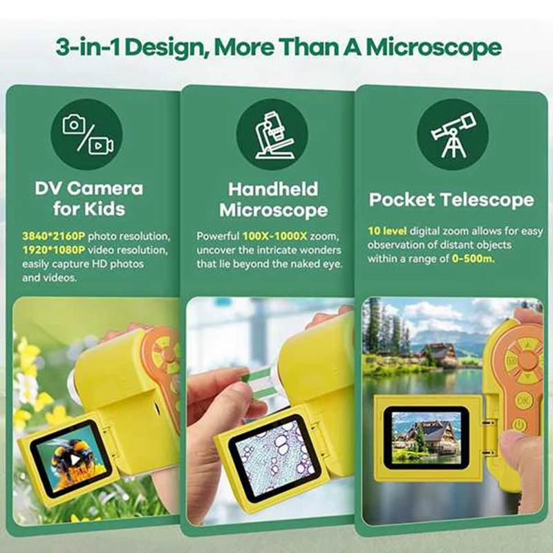 Microscopio para niños, microscopio de mano 1000X con pantalla HD para niños con luces LED ajustables para niños