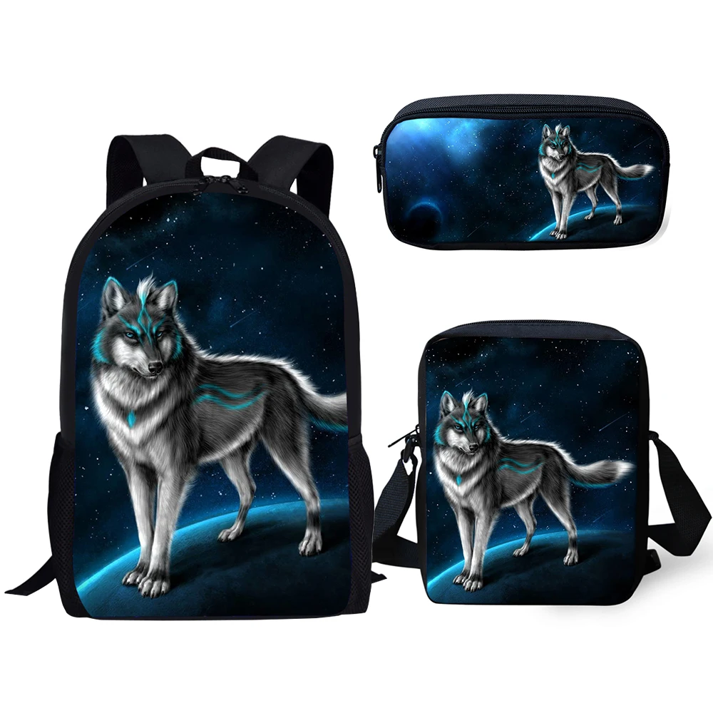 Sacs de voyage pour étudiants, sac à dos pour ordinateur portable, sac à dos initié, trousse à crayons, impression 3D, Hip Hop Youthful Moon Wolf, ensemble de 3 pièces