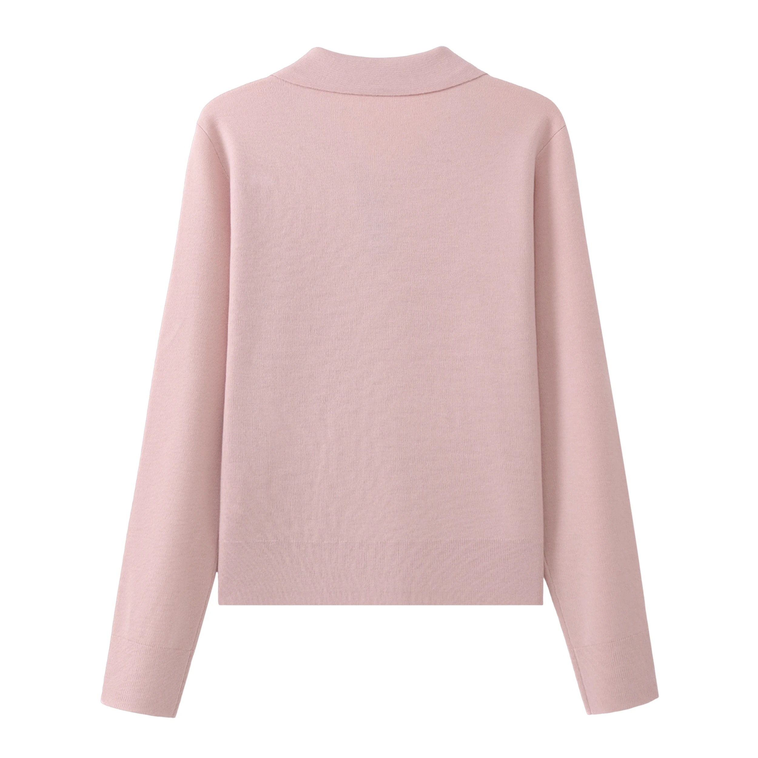 Ladies Solid Pink Polo Neck Jumper, Elegant Plaid Inner Placket Design Long Sleeve Knitwear