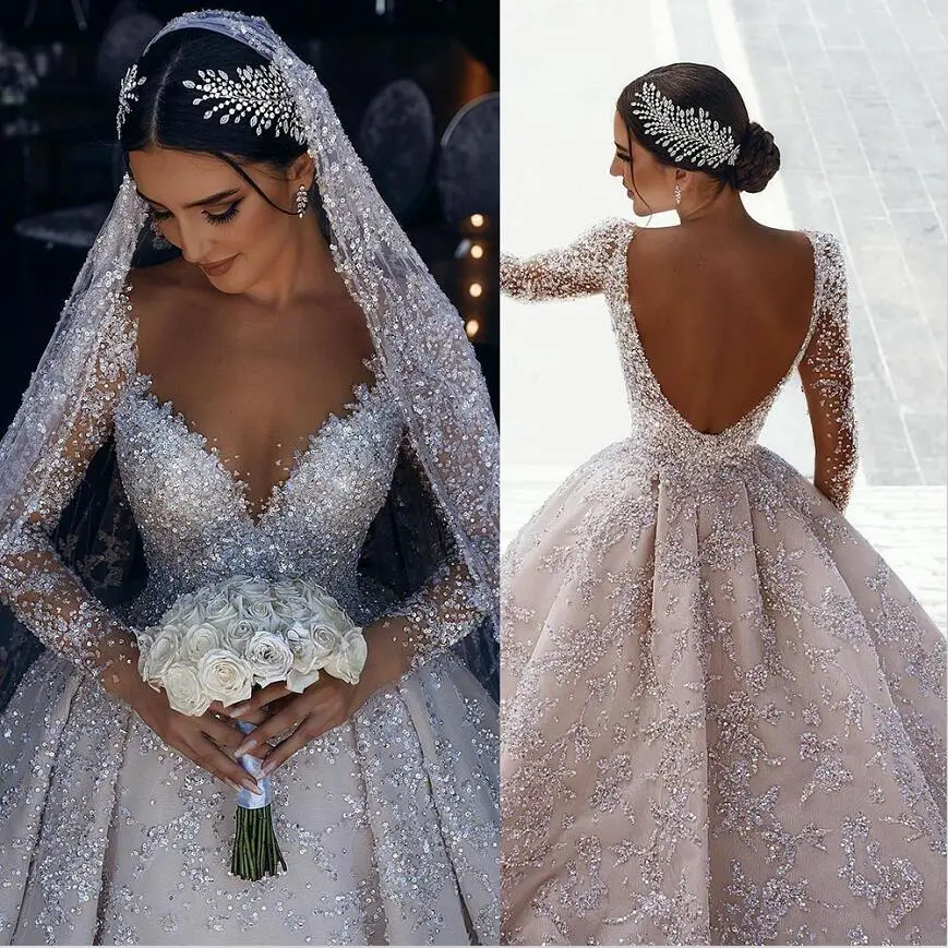 

Customized Beaded Wedding Dress Elegant Princess Sequins Off Shoulder Tulle Bridal Gowns Long Train Backless Bridal Dresses