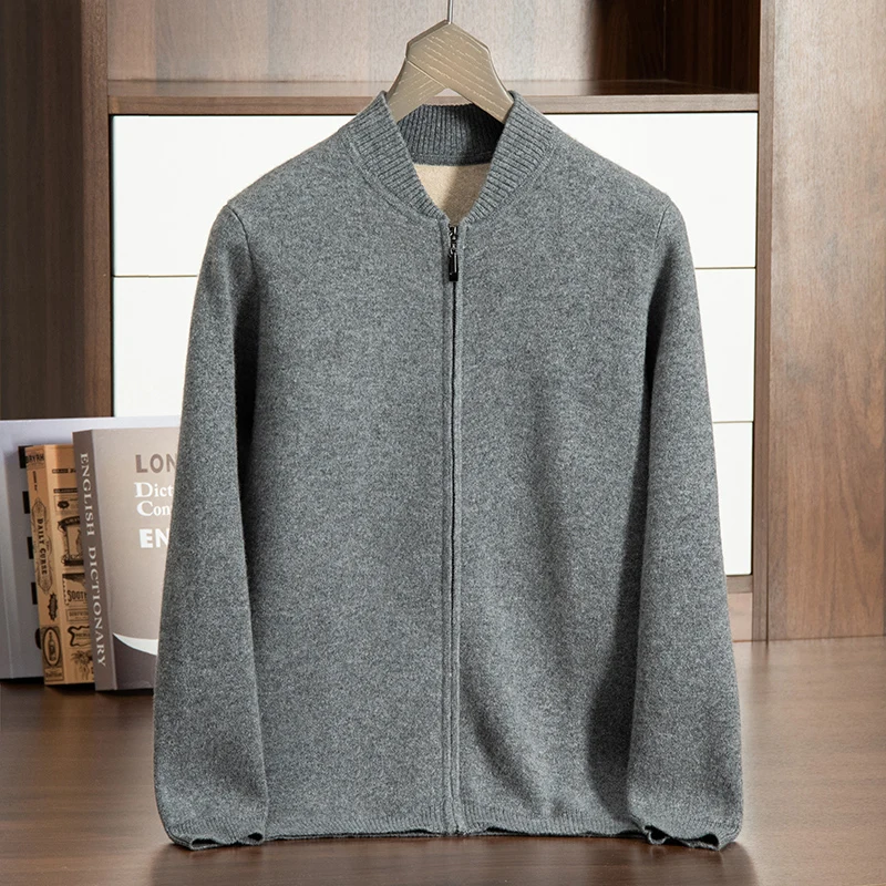 100% pure cashmere men's air layer cardigan casual knit Sweatercoat luxury Pull round neck baseball jacket loose Jumper zipper