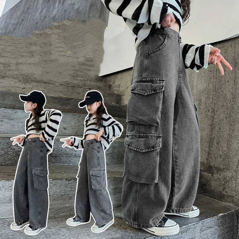 Girls Cargo Denim Pants Autumn 2026 New Trendy Streetwear Jeans Teenage Children American Style Spring Fashion Trousers  ﻿