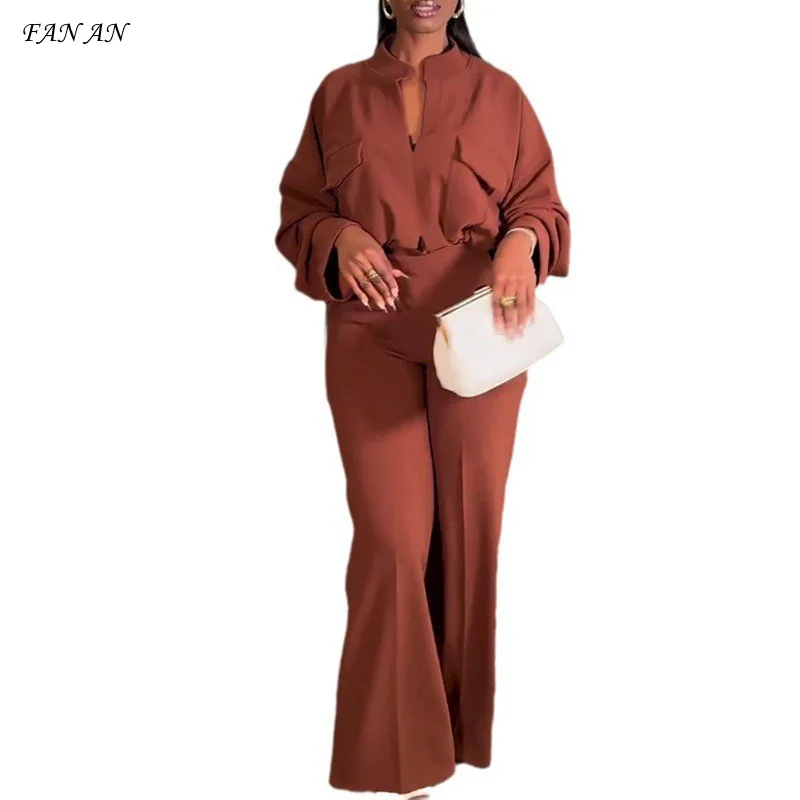 

Spring New Leisure V-neck Long-sleeved Blouse Wide Leg Trousers Suit Early Autumn New Long-sleeved Two-piece Set Fashion