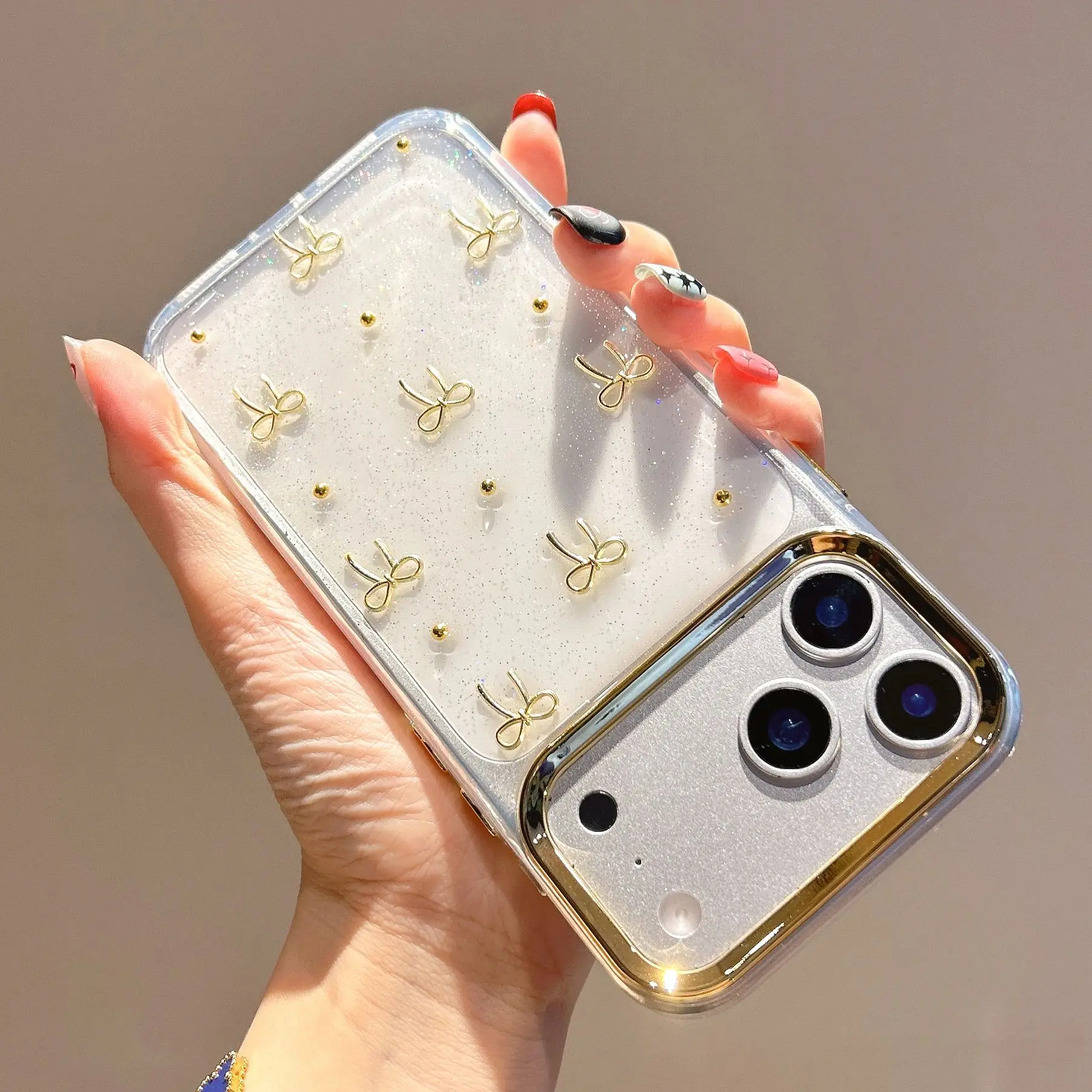 

Прозрачный чехол-бампер с 3D золотым бантом и блестками для iPhone 17, Air 16, 15, 14, 13, 12, 11 Plus Pro Max, прозрачный защитный блестящий чехол