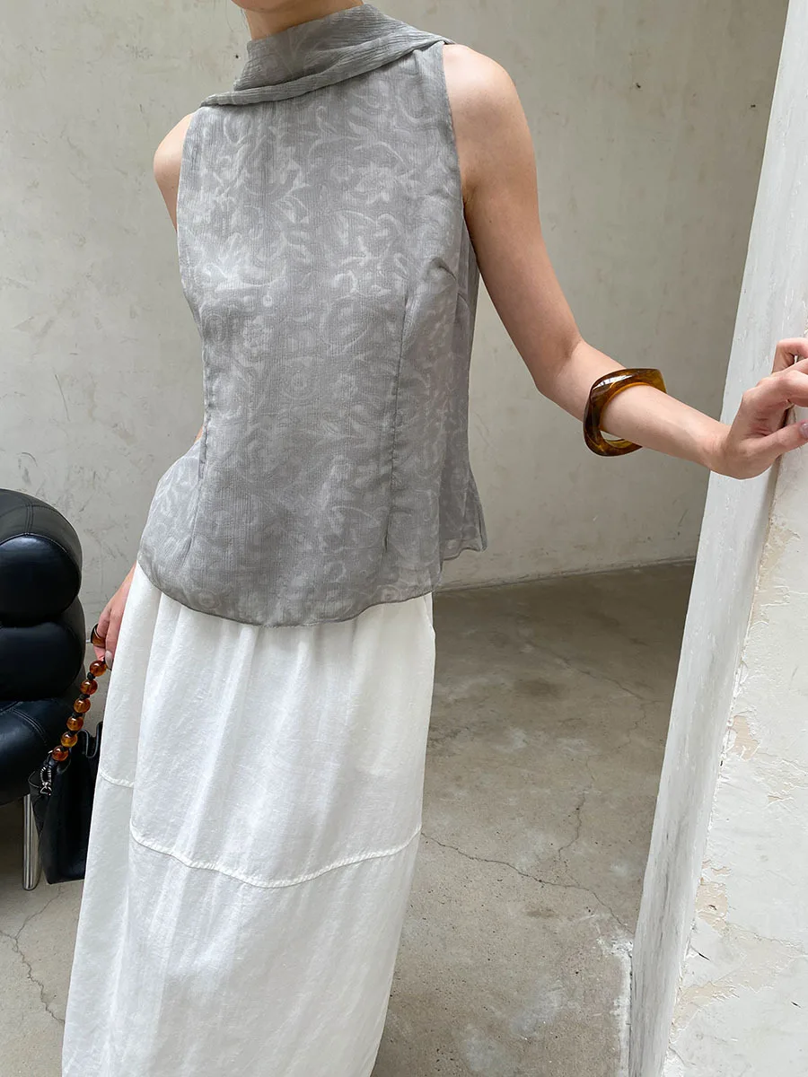 Sommerliche Damen-Retro-Jacquard-Weste mit Schleifenband und Neckholder, ärmellos – Detail 4
