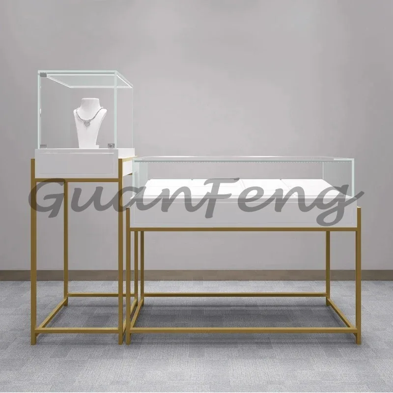 Luxury Lockable Metal Glass Jewelry Showcase with LED Light, Custom Commercial Shop Display Counter