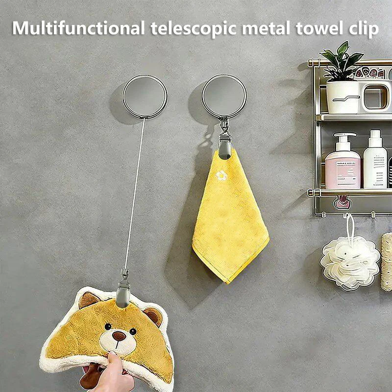 1PC Automatic Retractable Towel Rack No-Drill Self-Adhesive Wall Mounted Holder With Stainless Steel Cable Clamp-New