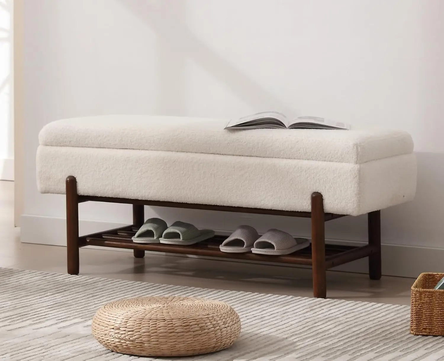 

Modern Upholstered Storage Bench, Flip-Top Ottoman with Wood Shelf, Cream Faux Fur, 45' for Living Room, Bedroom, Hallway, Under