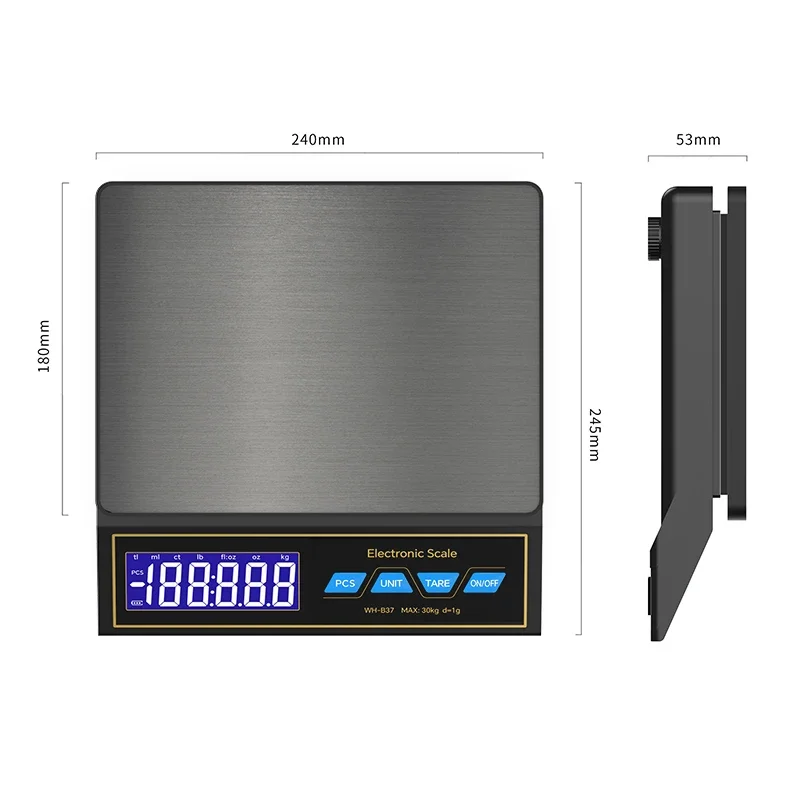 LCD Digital Kitchen Scale 30kg/1g Rechargeable Stainless Steel Panel Electronic Scales Home Jewelry Food Weighing Baking Tools view 5