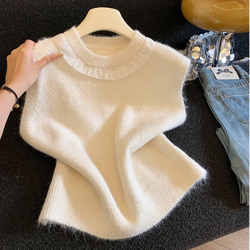 

Lace Trim Splice round Ne Svel Knitted Open Cardigan Women's Winter Faion Layering oulder Vest Self Kept Sle