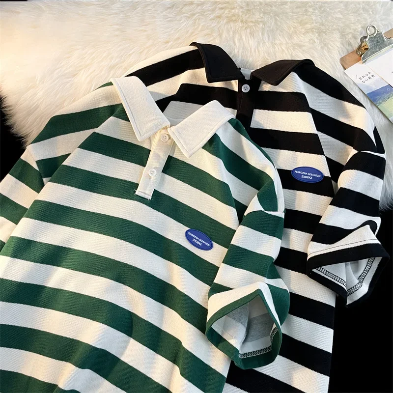 

Korean Polo Shirt Stripe Short Sleeve Men's Baggy T Shirt Summer Fashion Casual Oversized T-shirt Tops Y2k Men's Clothing