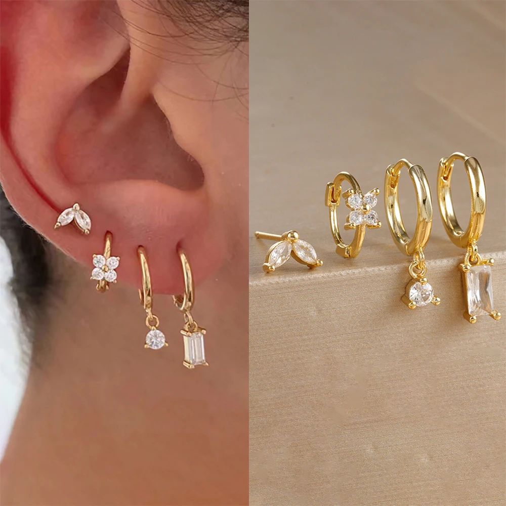 4 szt. Kwiat kwadratowy zestaw kolczyków dla kobiet dziewczyna luksusowa cyrkonia ze stali nierdzewnej chrząstka Piercing kolczyk w kształcie koła oświadczenie biżuteria