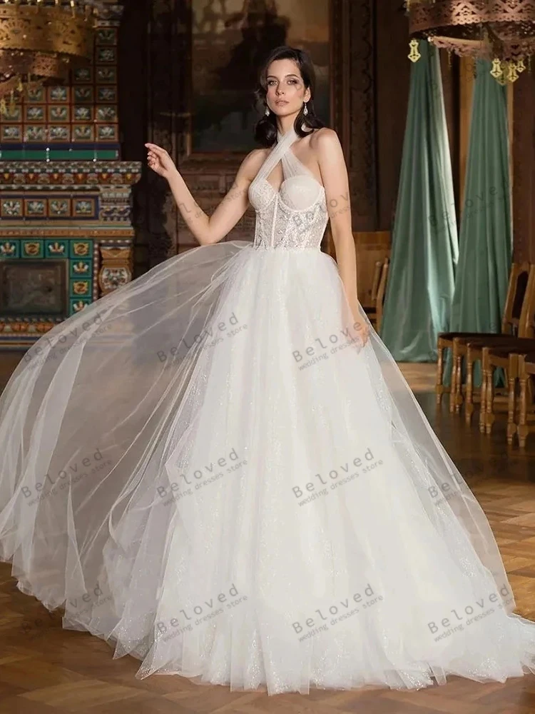 Vestidos De Novia escalonados De tul, ropa De ilusión Simple, cuello Halter, sin mangas, línea A, 2024