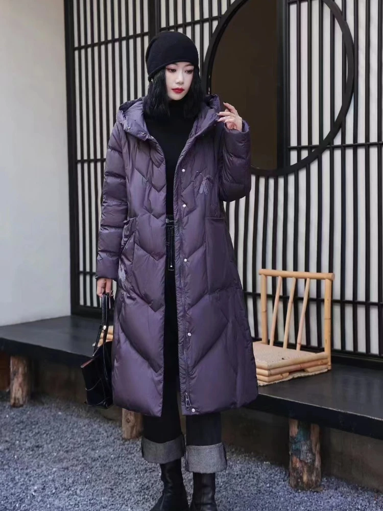 

Women's Chinese Style Long Down Jacket, Retro Embroidery Parker, Windproof, Thickened, Loose, Warm, Female Puffer Coats, Winter