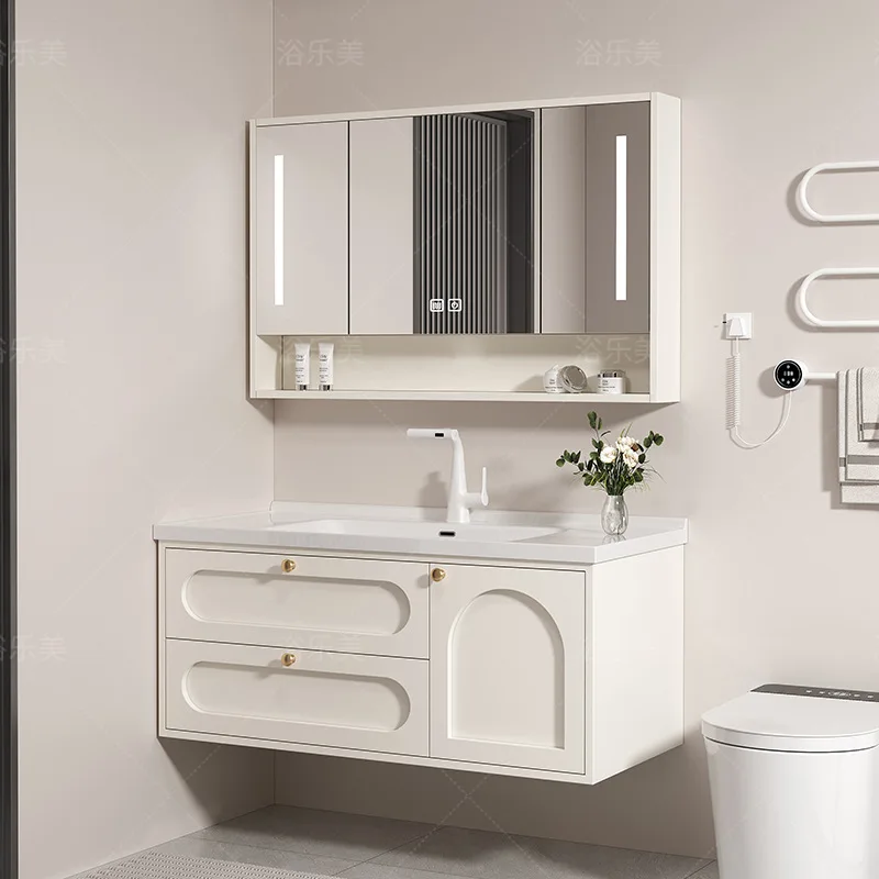 Mueble de baño de viento crema, combinación de lavabo integrado de cerámica, lavabo