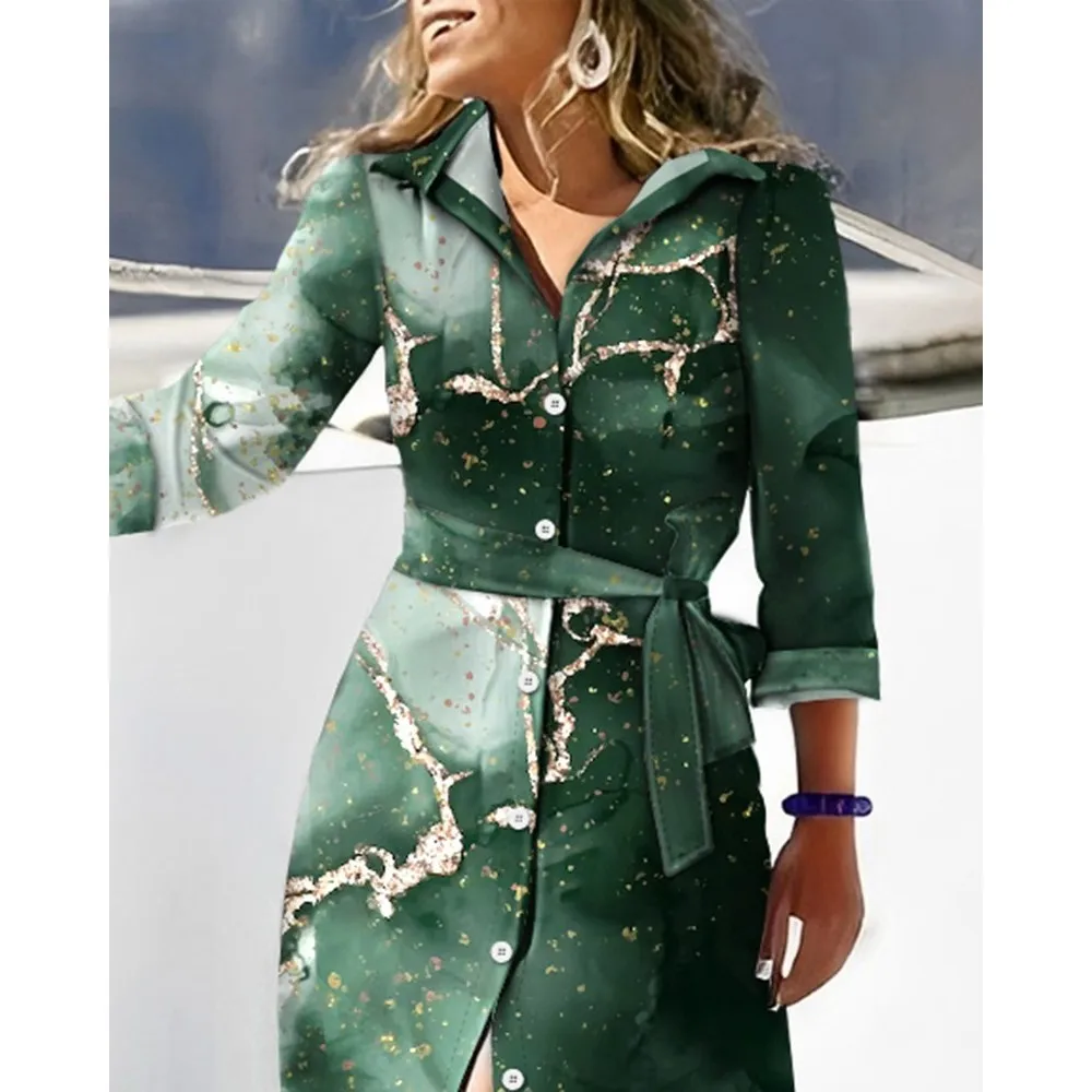 Elegant Long Shirt Dress Women 2023 Spring Autumn Fashion Stripe Print Long Sleeve Lace-up Ladies Maxi Vacation Dresses Robe