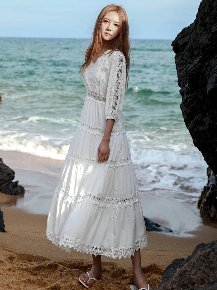 Jastie Summer 3/4 Sleeve V-neck White Women Dresses Stitching Hollow Lace Embroidered Dress Bohemian Seaside Vacation Maxi Dress