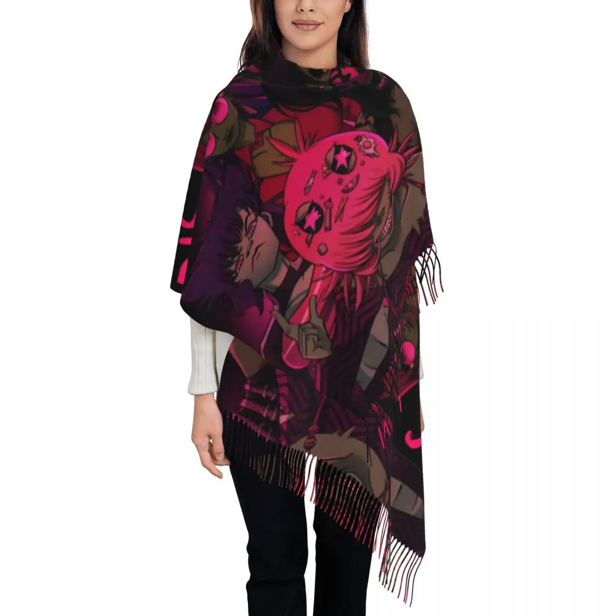 

Женский шарф с кисточкой Gorillaz, длинная супермягкая шаль с запахом, кашемировый шарф в стиле рок-репер, подарки