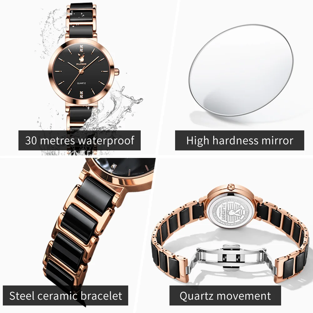 PLAYBOY 3128 Brand original authentic watch for woman Gift Box Ceramic strap quartz women's watch view 5