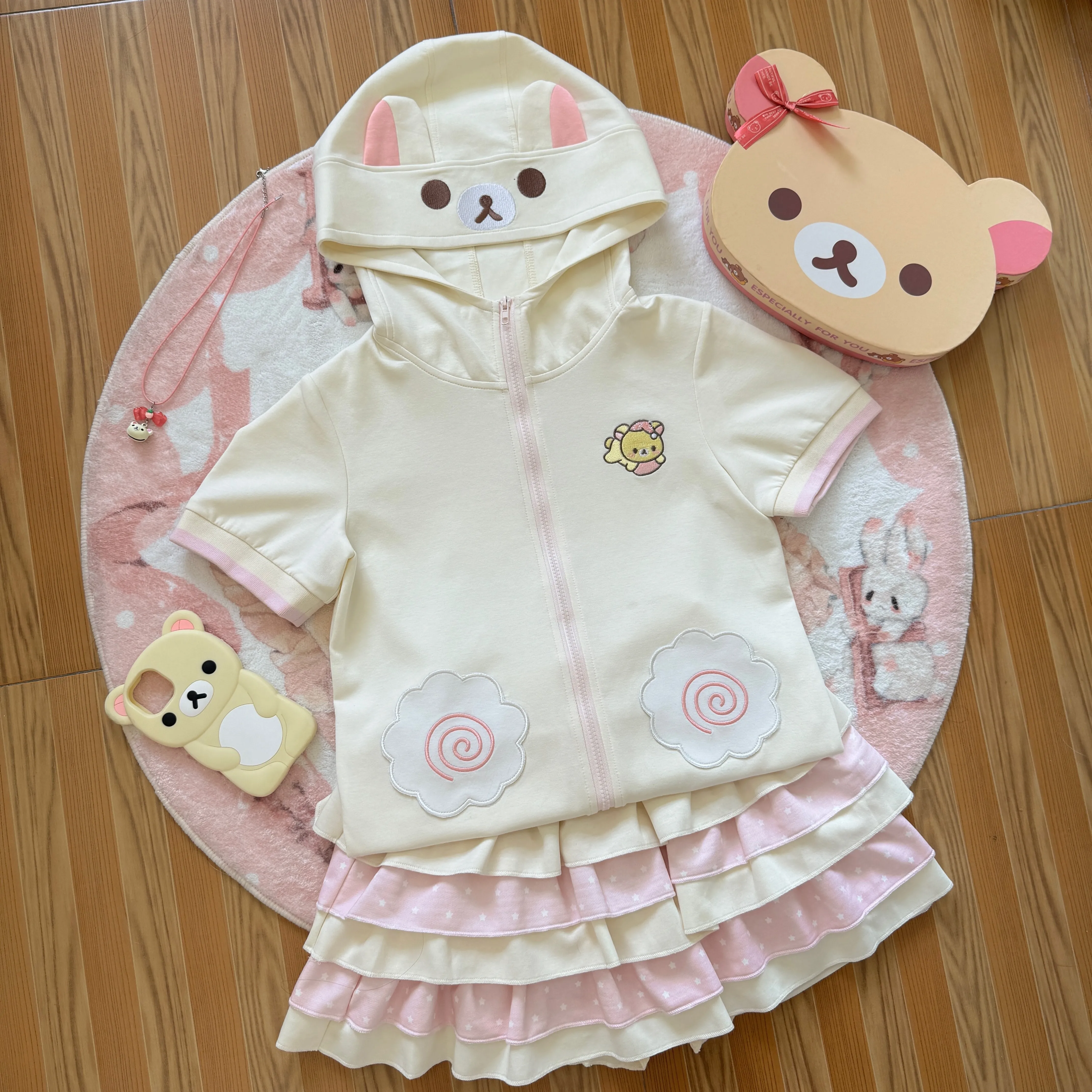 Bear Embroidered Short Sleeve Top Japanese Style Cute Soft Girl Summer Hooded Short Sleeve Zipper Jacket Women Slimming Top