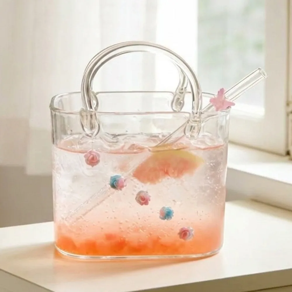 Novelty Handbag Glass Cup with Straw 750ml Capacity Fruit Wine Glass Portable Transparent Drinking Coffee Cup Summer Swimming