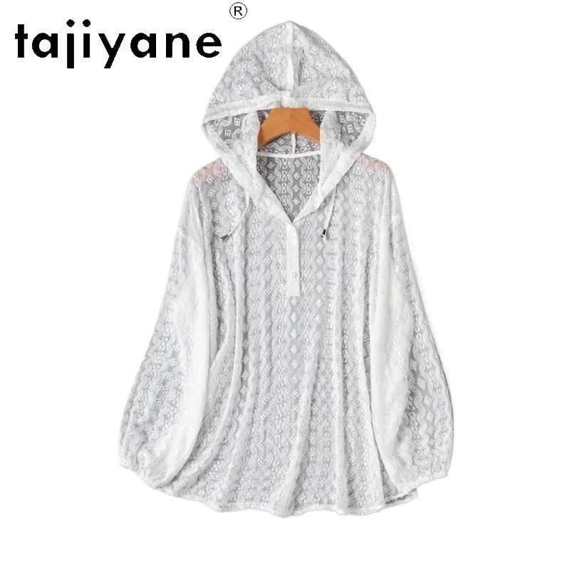 

TAJIYANE 100% Mulberry Silk Shirts Women Elegant White Semi-Sheer Embroidered Blouse Loose Hooded Tops 2026 Woman Clothes одежда