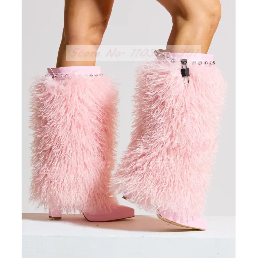 

Pink Furry Mid Calf Block Heels Boots Women Sweet Crystals Metal Lock Pointed Toe Boots Female Fashion Party Evening Boots