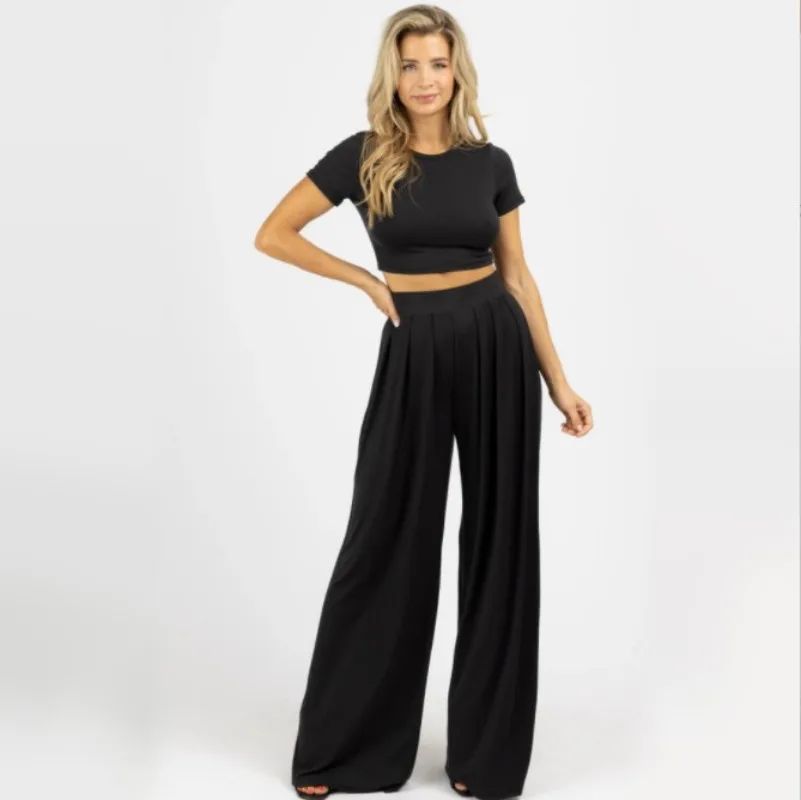 Summer New Round Neck Short-sleeved T-shirt Short Top Wide Leg Trousers Casual Commuter Home Suit