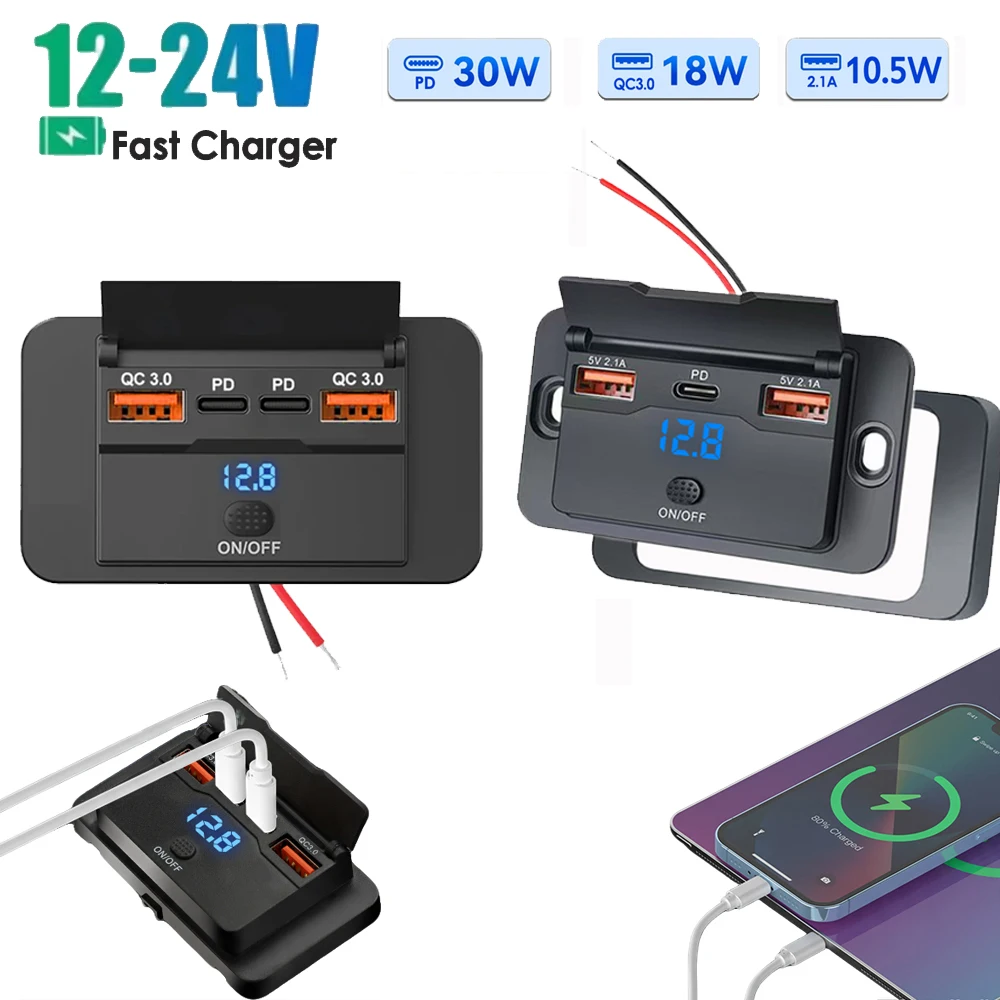 18W USB A 30W PD Car Charger Socket Quick Charge Dual USB with ON/OFF Outlet Panel Adapter for Truck Camper Caravan Accessories