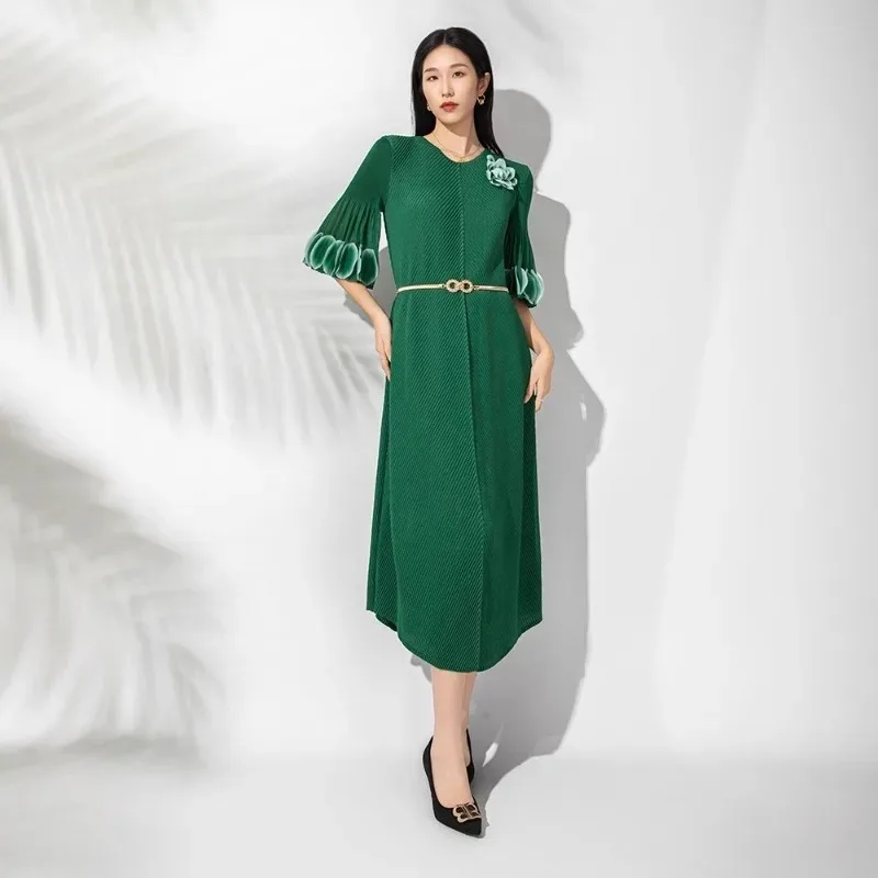 Miyake-vestido plisado de Color liso para mujer, vestido largo elástico holgado y fino drapeado europeo de talla grande, ropa para ir al trabajo en la oficina