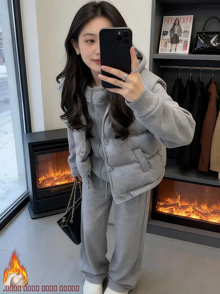 

Теплый зимний комплект с начесом для женщин: повседневная спортивная одежда, футболка, удобные длинные брюки, худи на молнии, утепленный