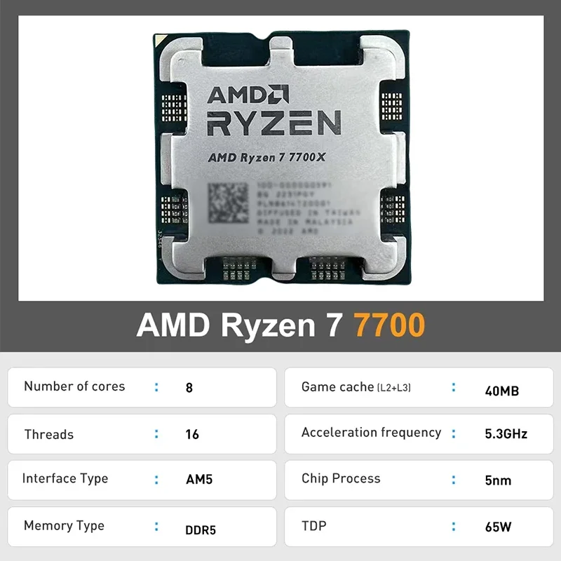AMD Ryzen 7 7700X R7 7700X CPU 8-Core 16-Thread 5.3GHz Unlocked Desktop Processor Socket AM5 Gaming CPU Without Package LoosePie