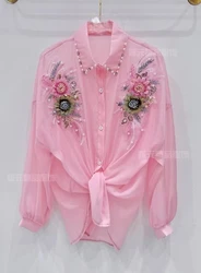 Heavy Industry 3D Flower Sun Protection Shirt Cardigan Women Heavy Industry Beads Diamond-Embedded Blouse Sweet Loose Top